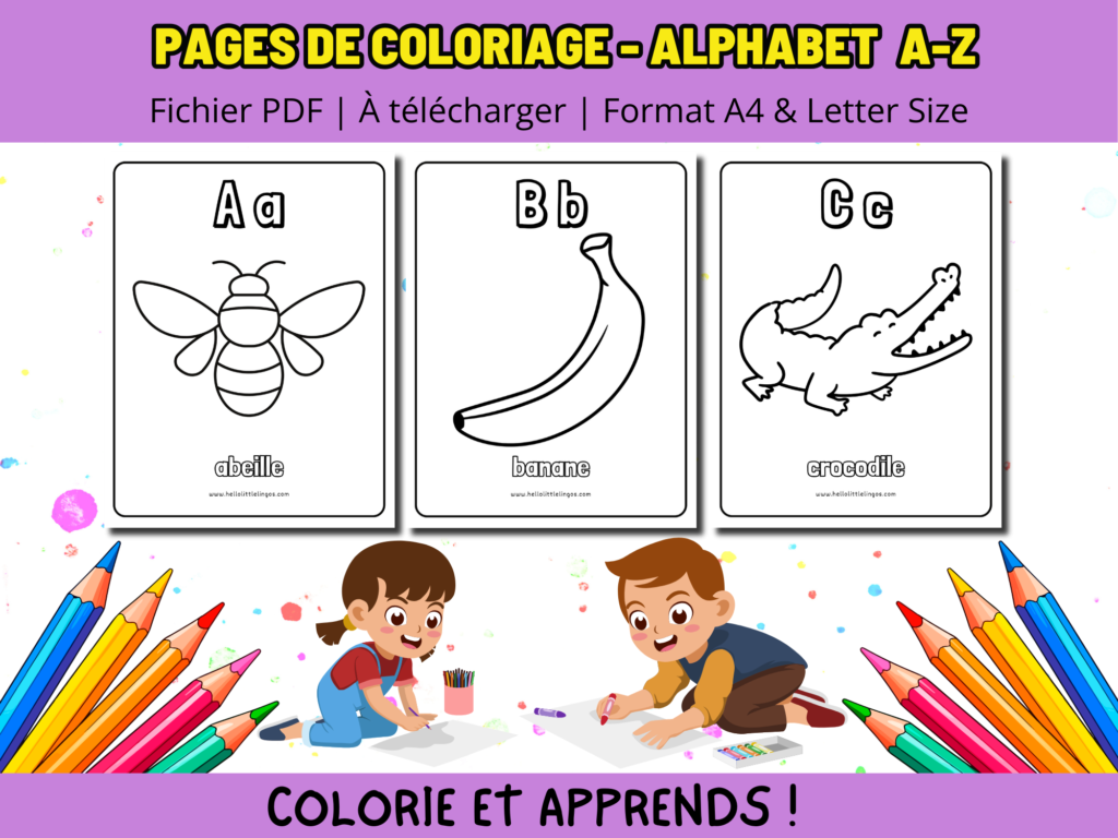 free alphabet coloring page for kids, Free coloring worksheet for kids, coloring activity for early learners, free PDF coloring pages for kids, free coloring pages in french