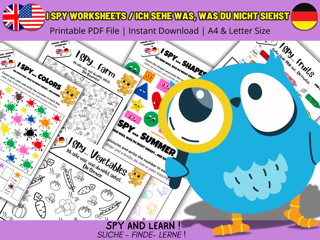 Free pdf I spy worksheets in english and german