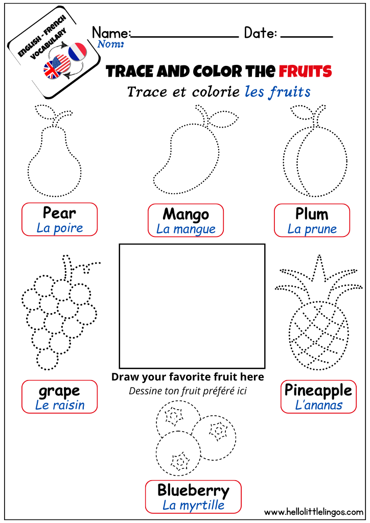 english french free tracing fruits for kindergarten