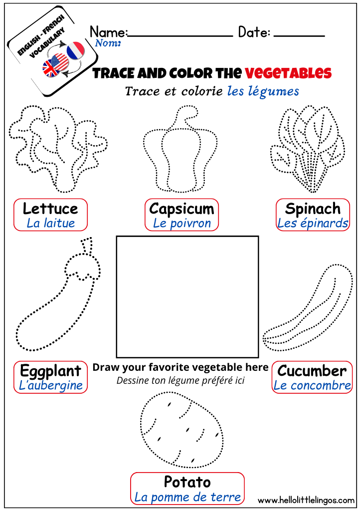 Free printable vegetables tracing worksheets for kinder in english french