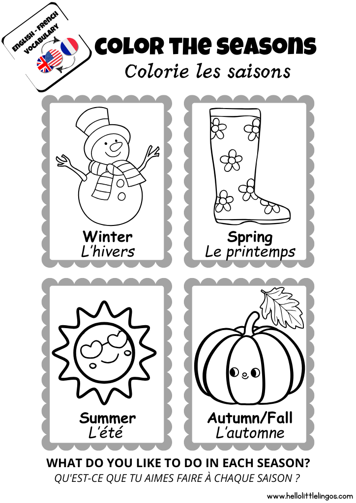 color the seasons free printable worksheets in english to french