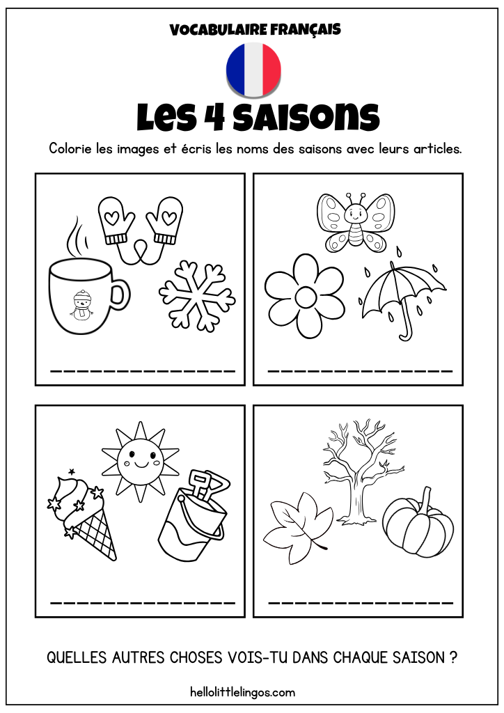 color and write the 4 seasons worksheets in french