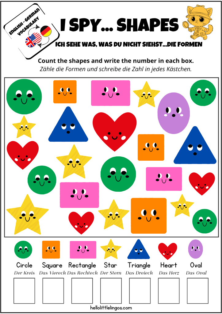 free pdf worksheets I spy shapes in english to german