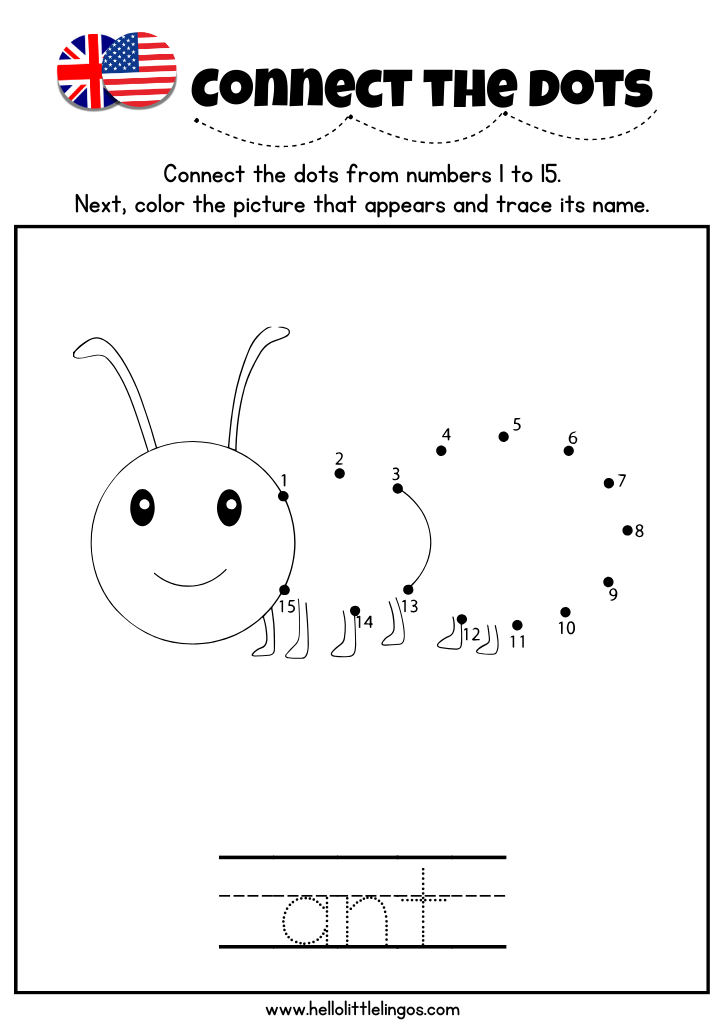 animal themed connect the dots worksheet for kindergarten-trace and color an ant