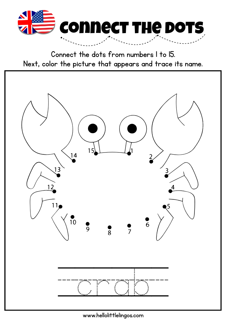 Free printable connect the dots worksheet for kindergarten -trace and color a crab