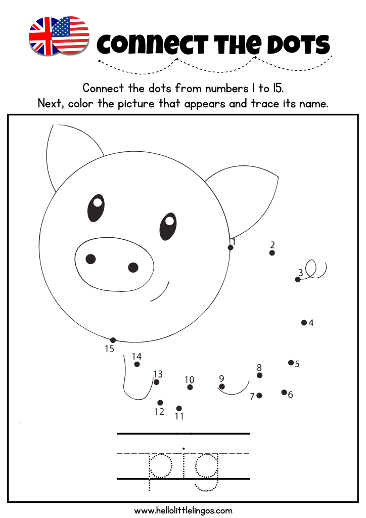 Free printable animal dot to dot worksheet for kindergarten – pig