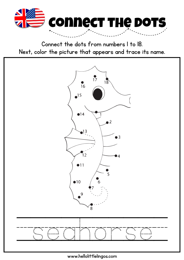 Free connect the dots lion worksheet for young learners-trace and color the seahorse