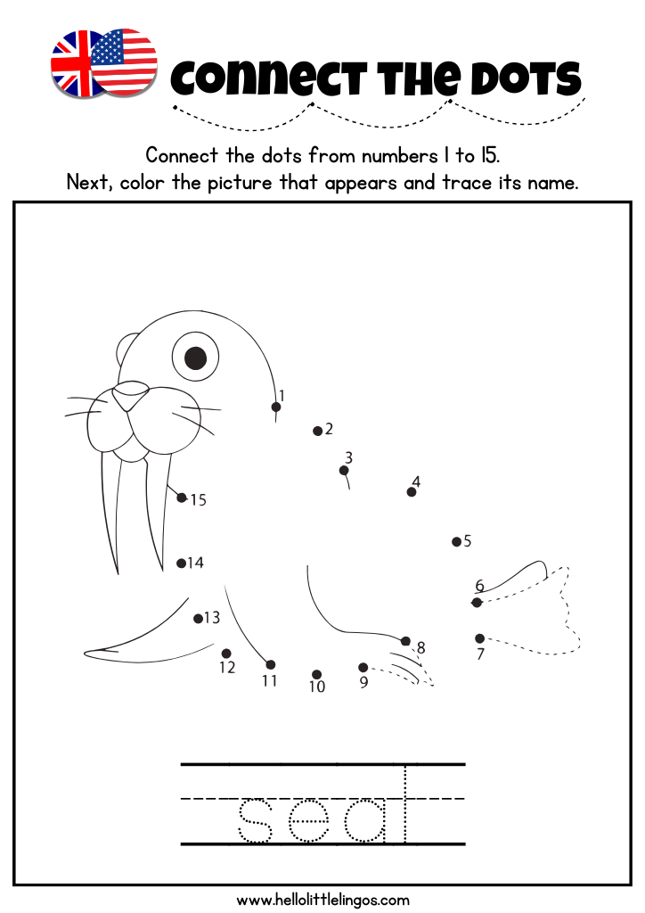Kindergarten dot to dot animal worksheet – write and color seal