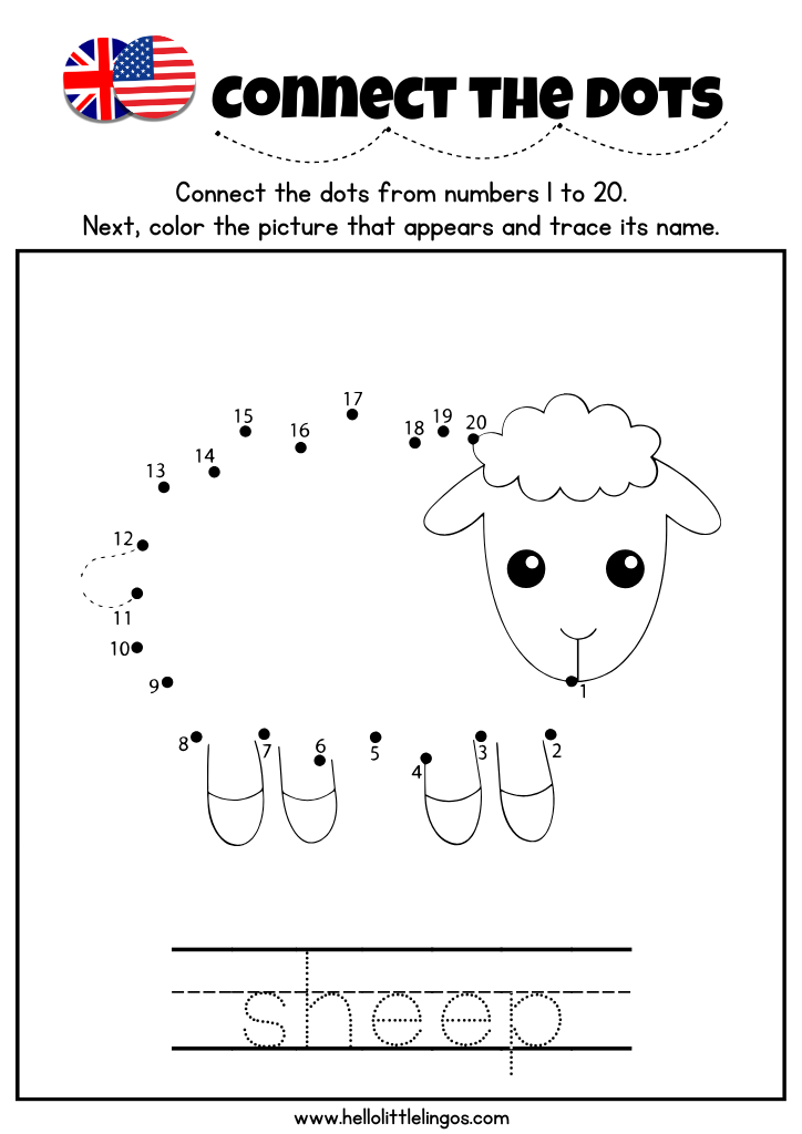 farm animal hemed dot to dot coloring sheet for kindergarten-color a sheep and trace its name