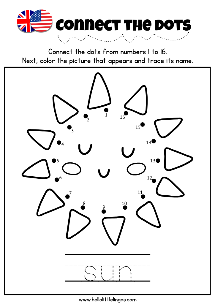 Free connect the dots worksheet – trace and color a sun for kids