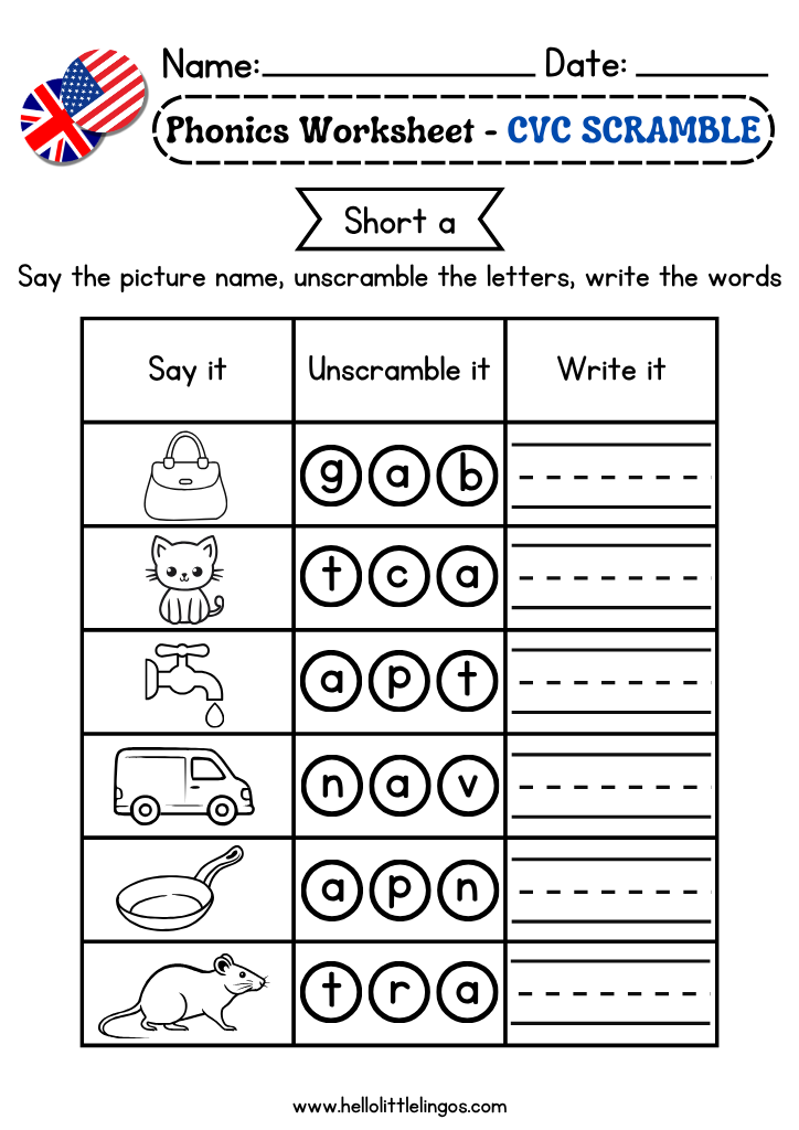 Free phonics CVC Word Scramble activities short a