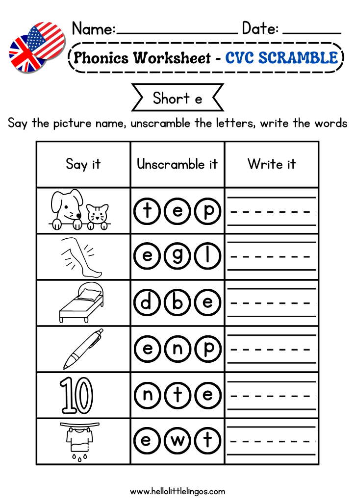 Preschool CVC Word Scramble Printables short e