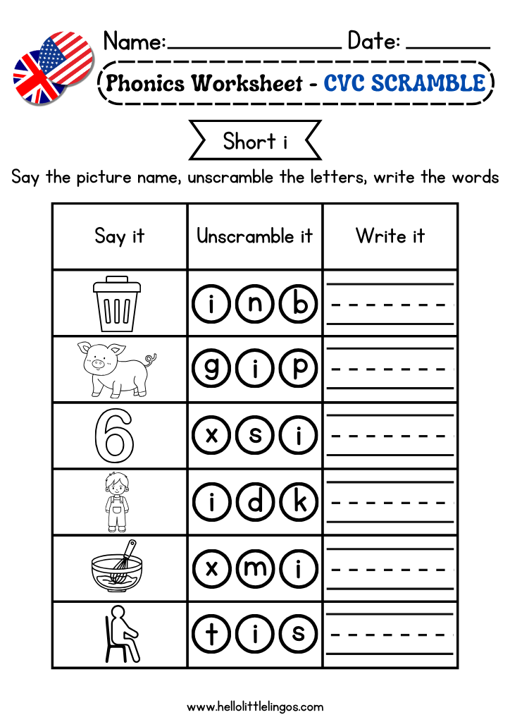 Unscramble the Letters CVC Worksheets short i