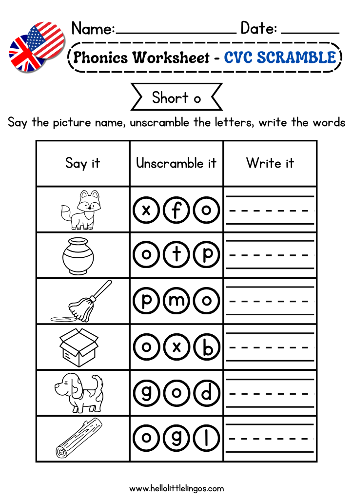 Free CVC Scramble Worksheets for kids short o