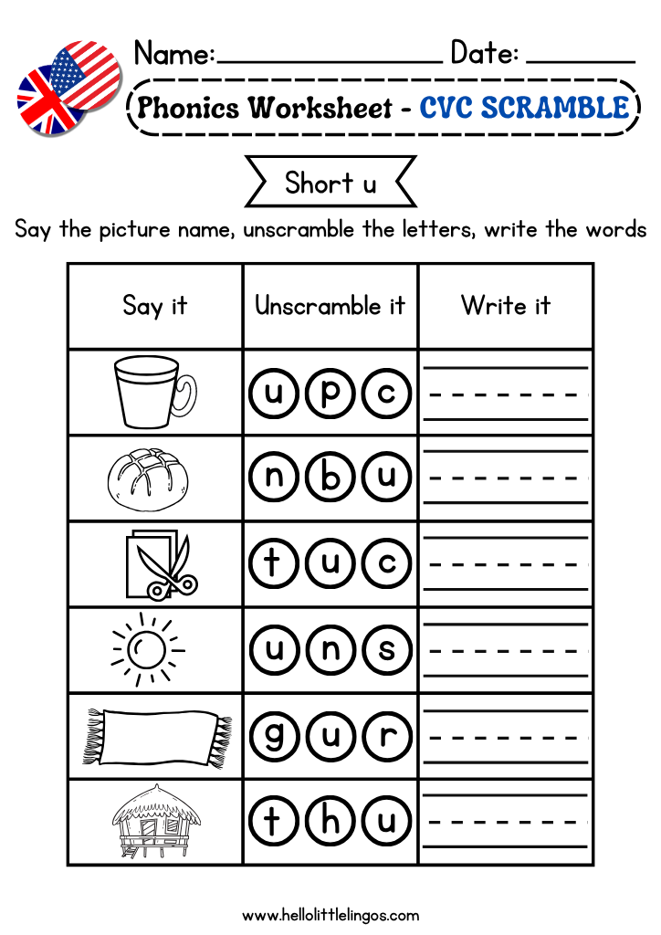 CVC Word Scramble with Pictures Printable short u