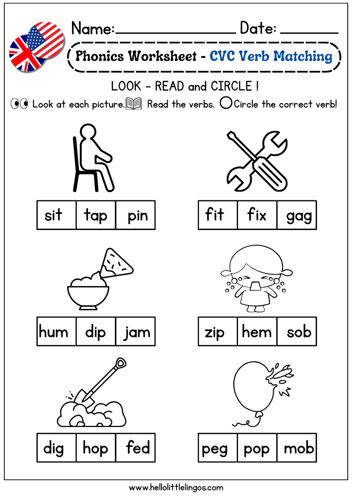 free phonics worksheets for first grade cvc verb