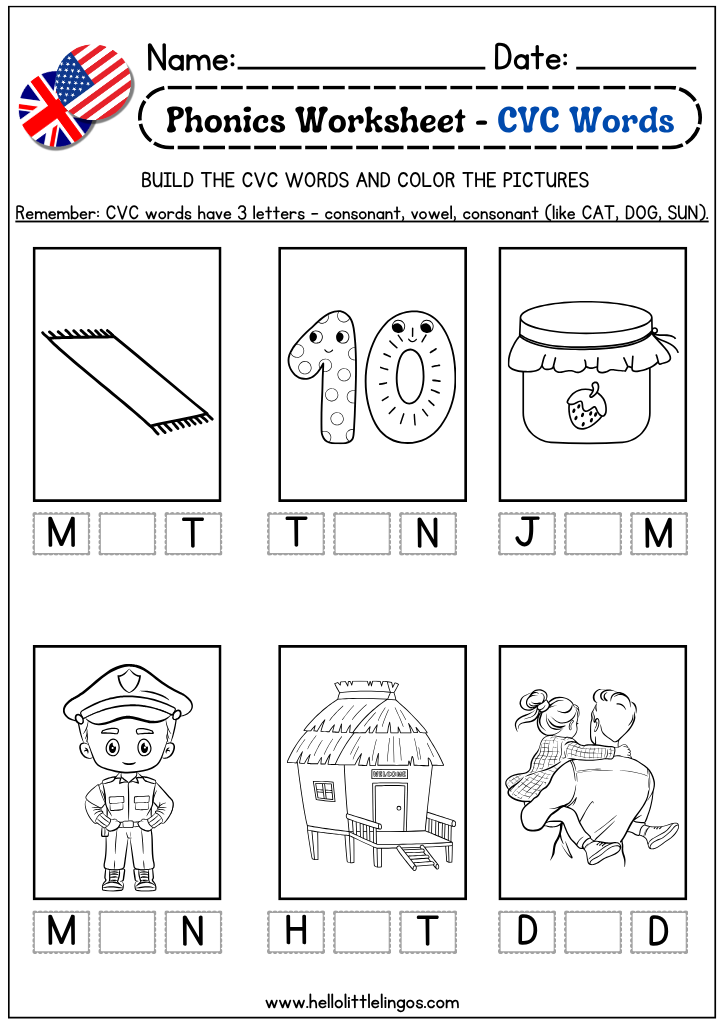 CVC phonics worksheet printable for kids