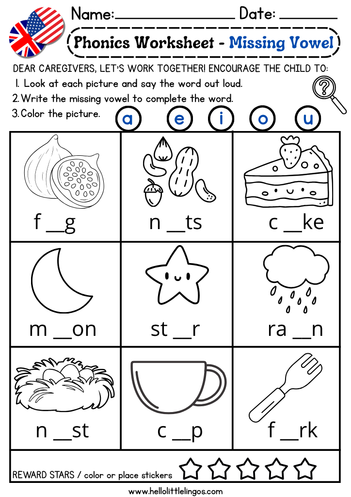 printable phonics worksheets with pictures for kids