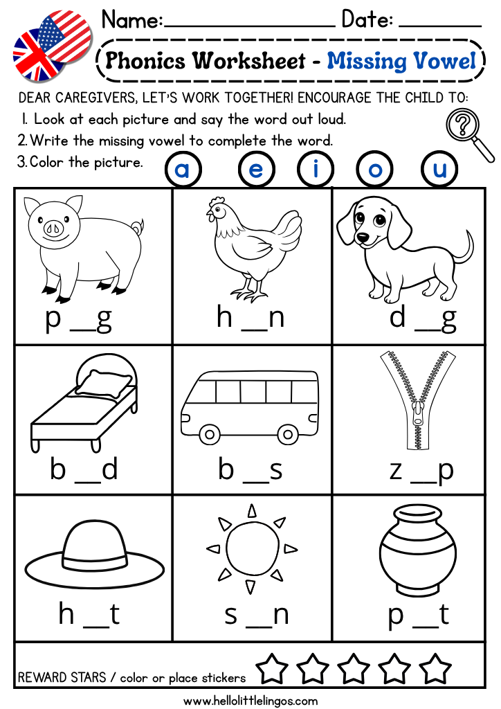 Downloadable phonics worksheets with pictures