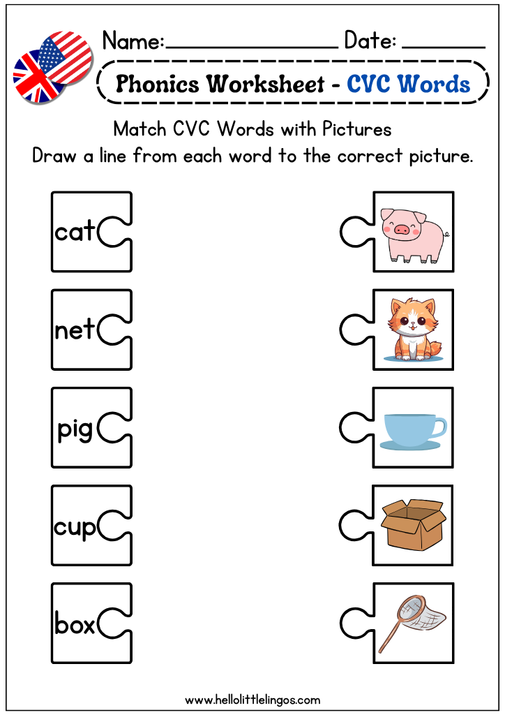 free phonics worksheets match the cvc words to the picture