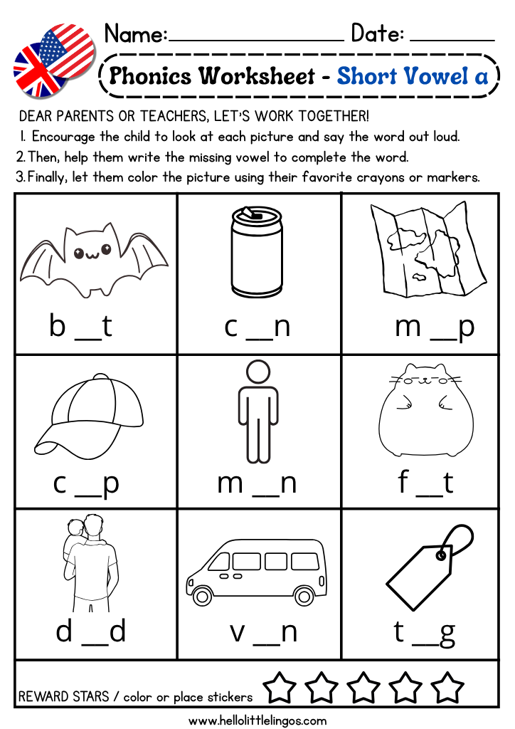 kindergarten Free phonics worksheets for short vowel sounds