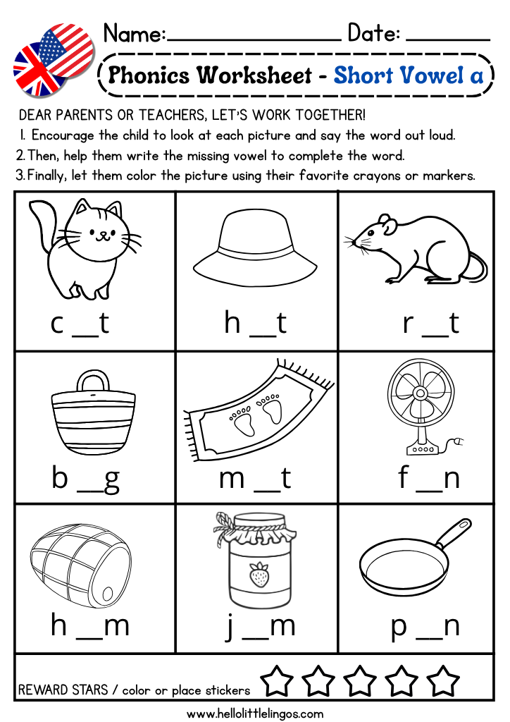 Free phonics worksheets for short vowel sounds