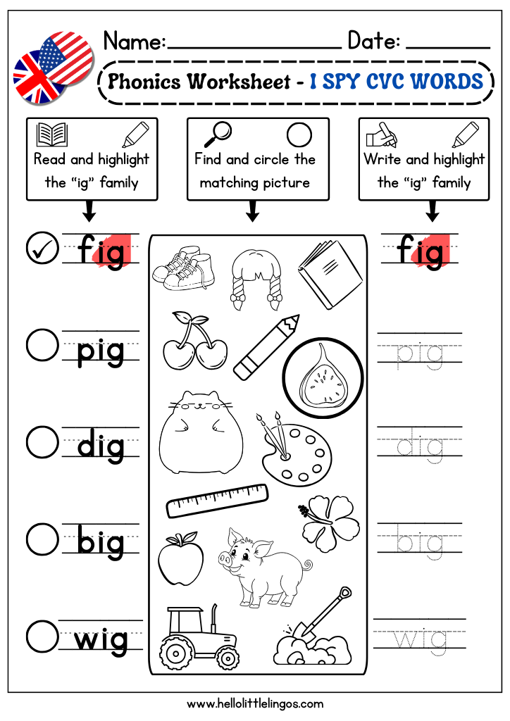 Search and Find CVC Words Printable Game for kids
