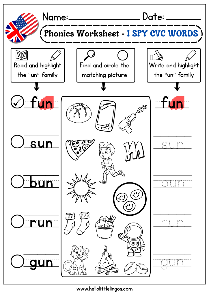 Free I Spy CVC Word Worksheets for preschool