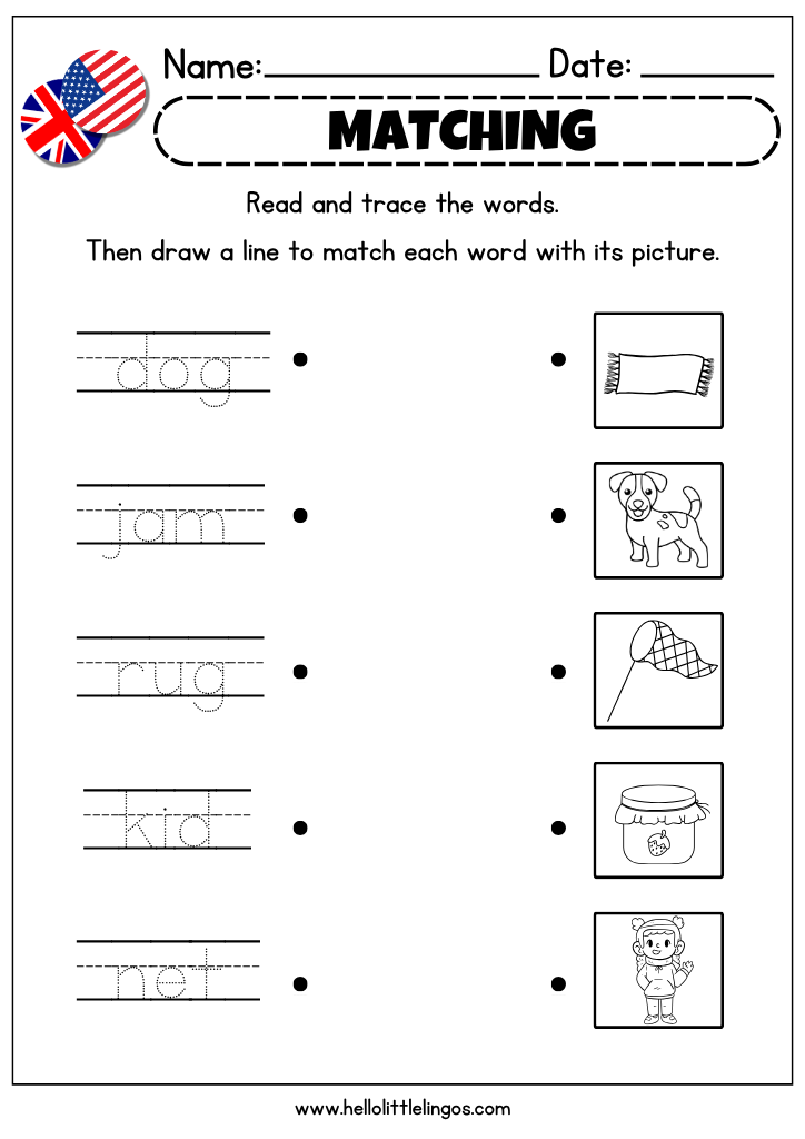 Fun phonics worksheets to match cvc words and pictures