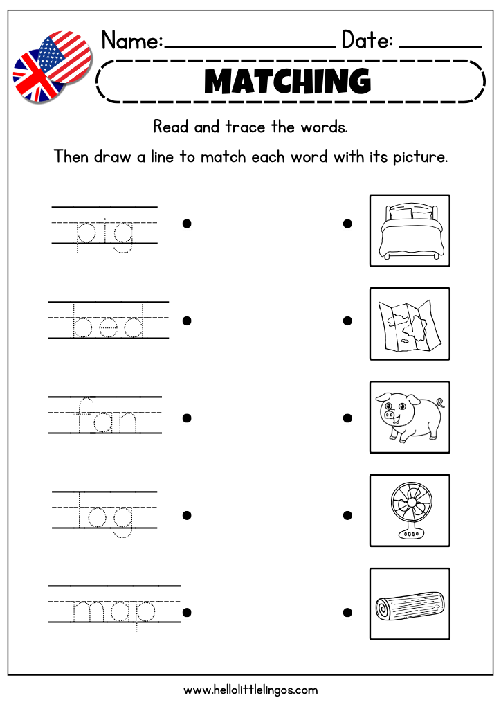 Read, trace, and match phonics printables for early learners