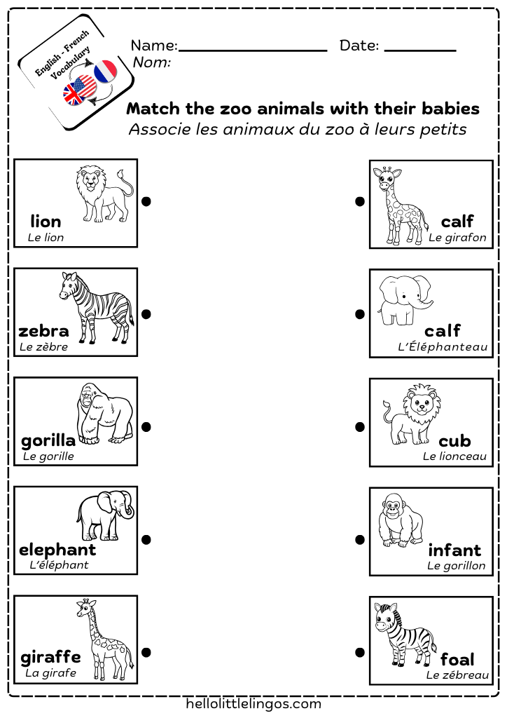 free printable matching activity for kids- zoo animals and their babies