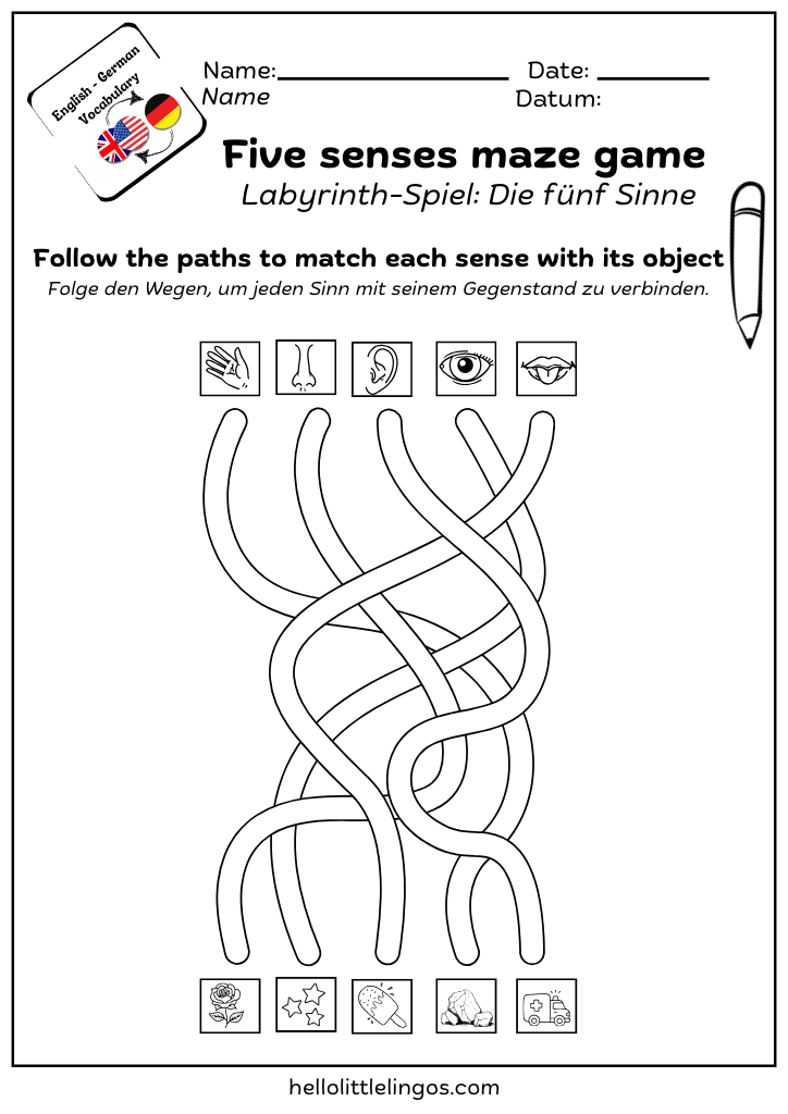 maze game for kids - five senses free pdf printable