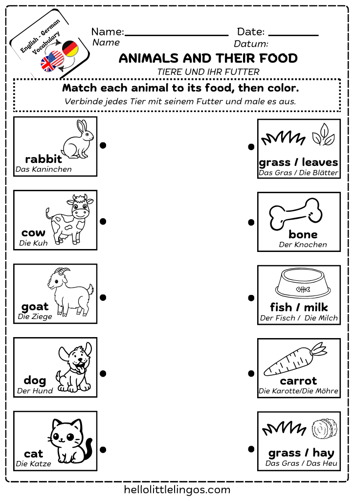 animals and their food worksheets for kids - free download