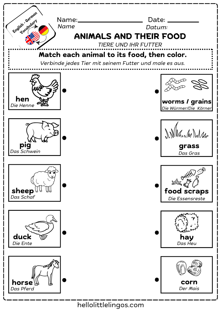 german worksheets printable for classroom - animals and their food
