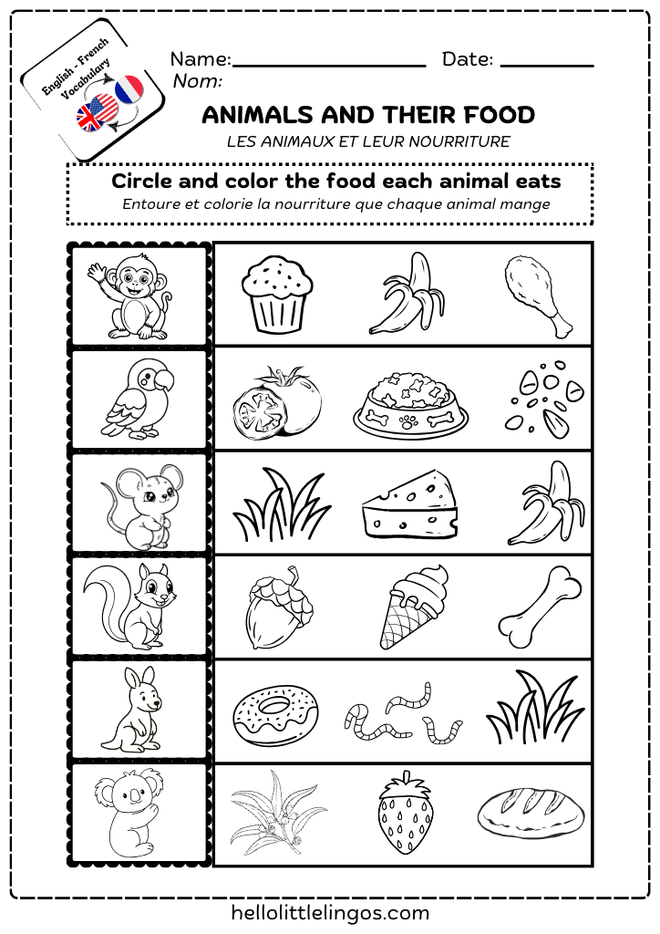 easy and fun science worksheets for kids in english and french-animals and their food