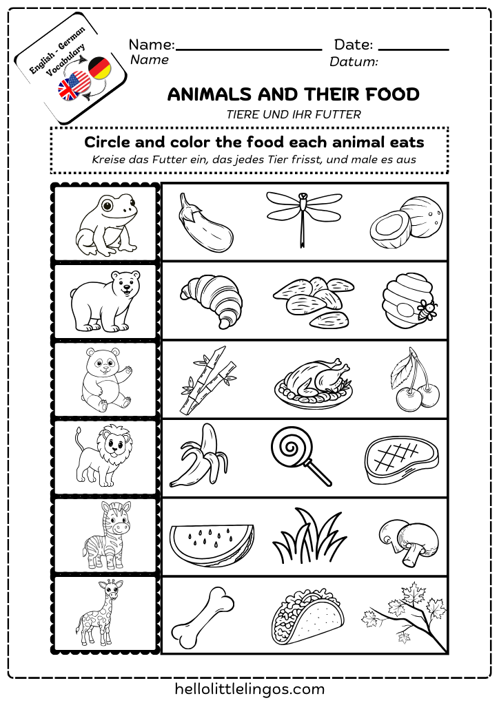 free science activities printable for kids - animals and their food