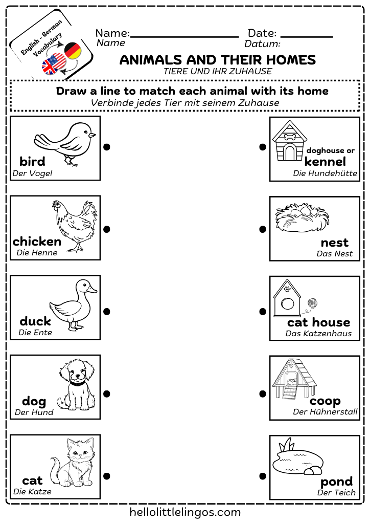 german free printable worksheets for kinder - animals and their homes
