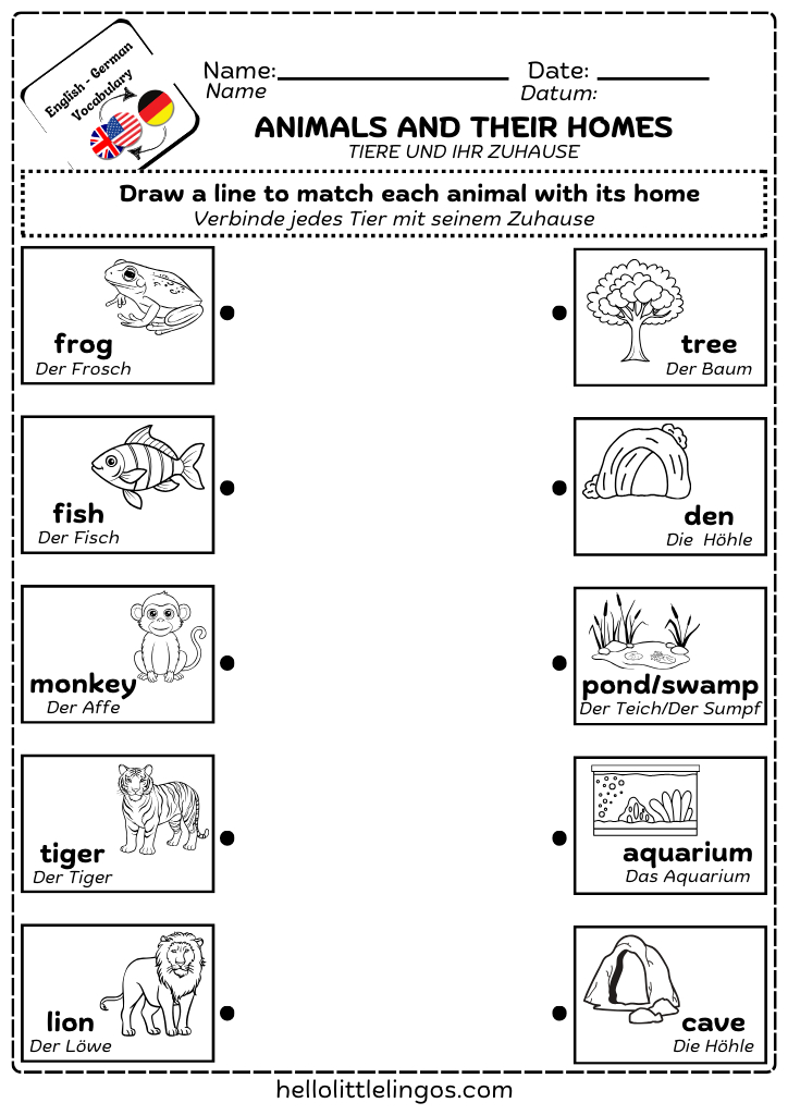 animals and their homes in german and english