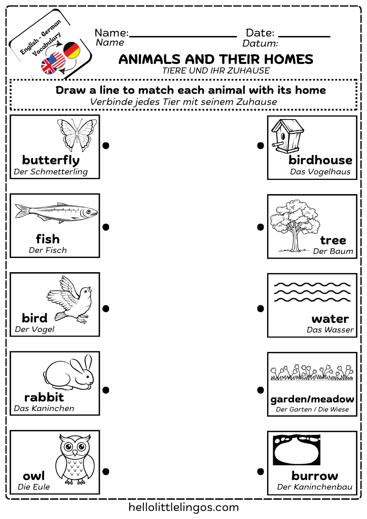 animals and their homes printable worksheets - free pdf