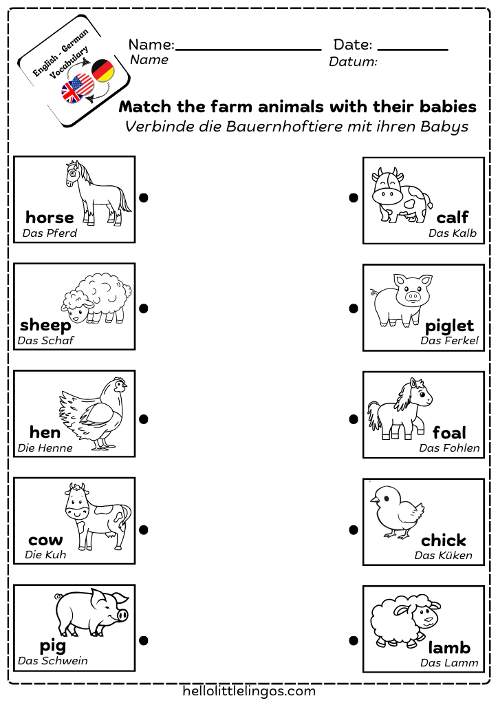 matching game printable for kindergarten in german and english - farm animals