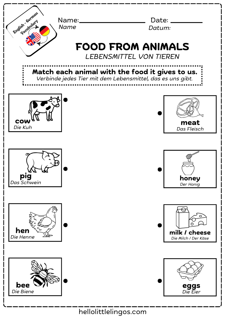 fun german worksheets for children - food from animals