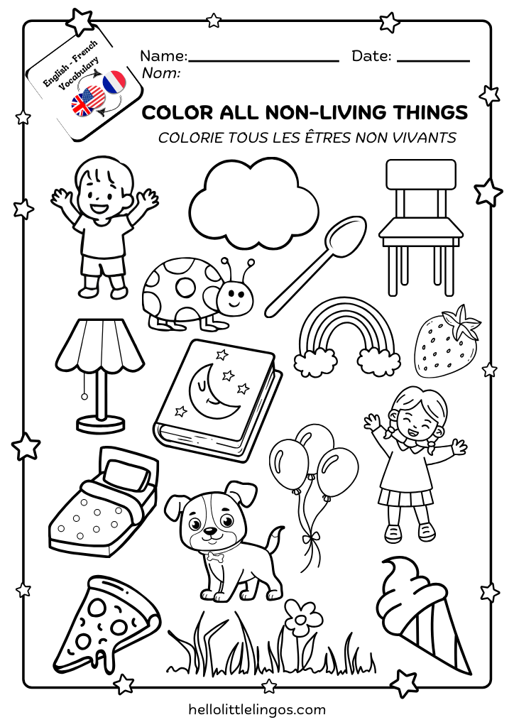 fun science worksheet for bilingual children - coloring activity