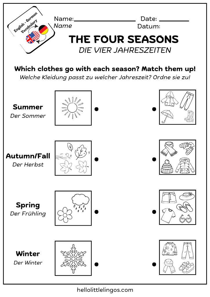 free german worksheets printable for kids - the four seasons