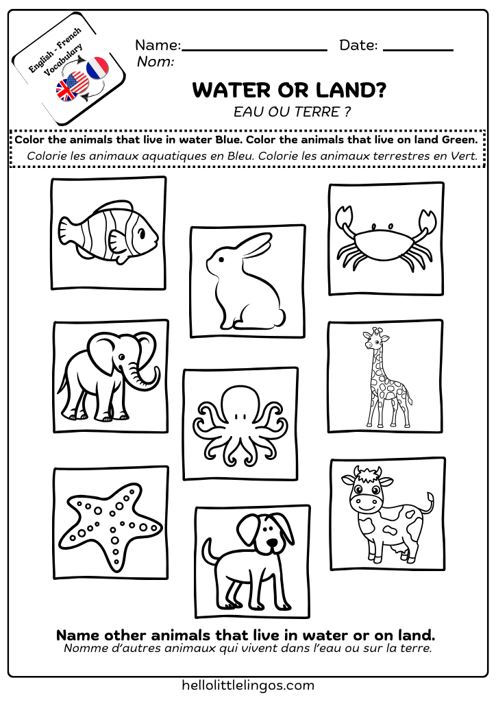 free science printable worksheets for kids - water or land animals