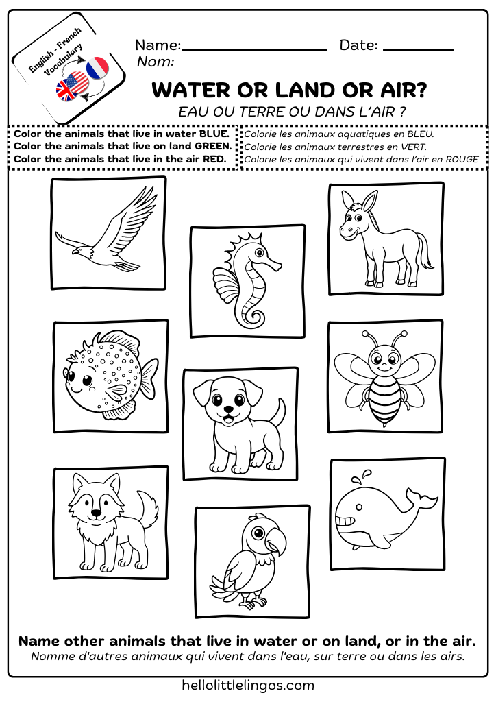 bilingual science worksheets for children-water, land or air animals
