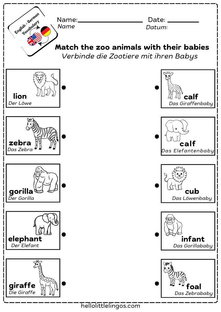 german worksheest activities for kids - matching game