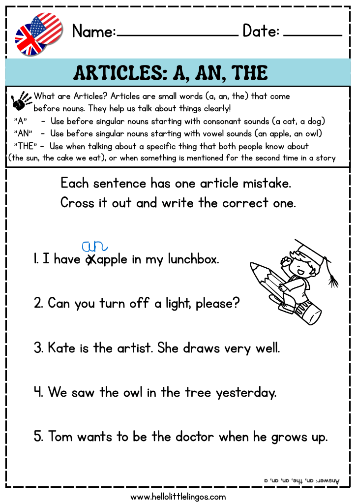 free pdf english grammar worksheets for primary school, articles a, an, the