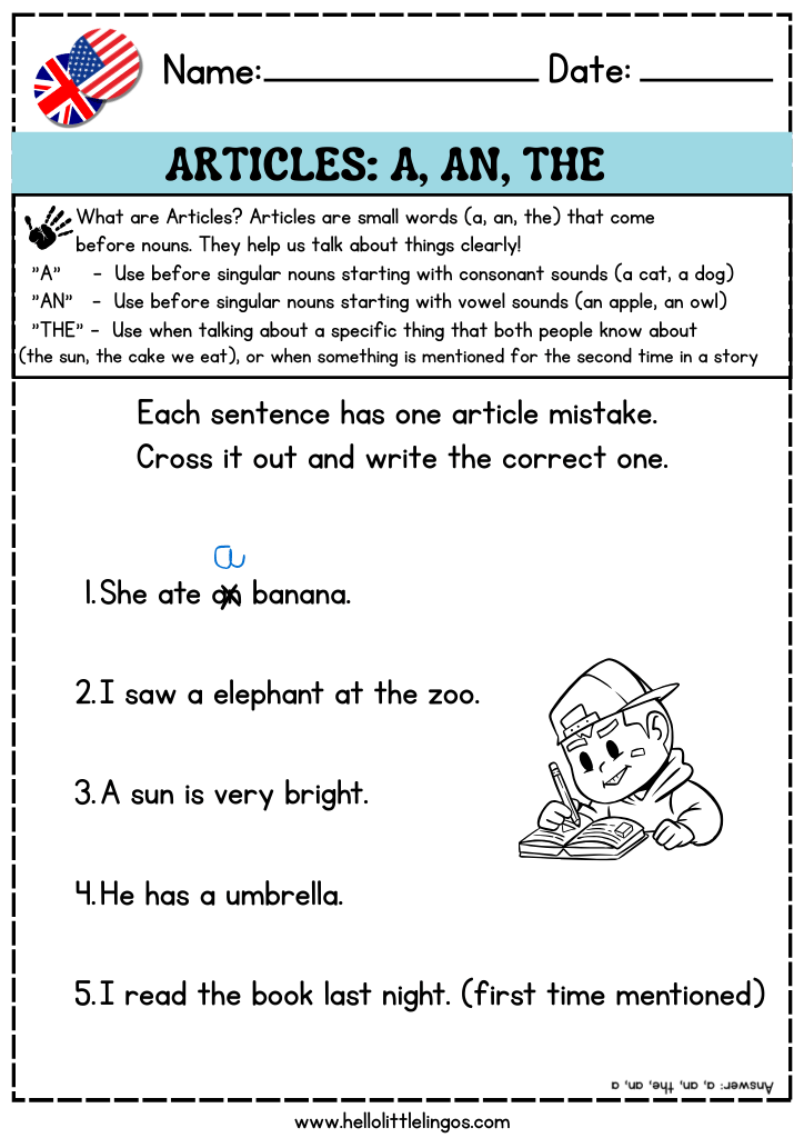 basic grammar worksheets for beginners kids, articles a, an, the