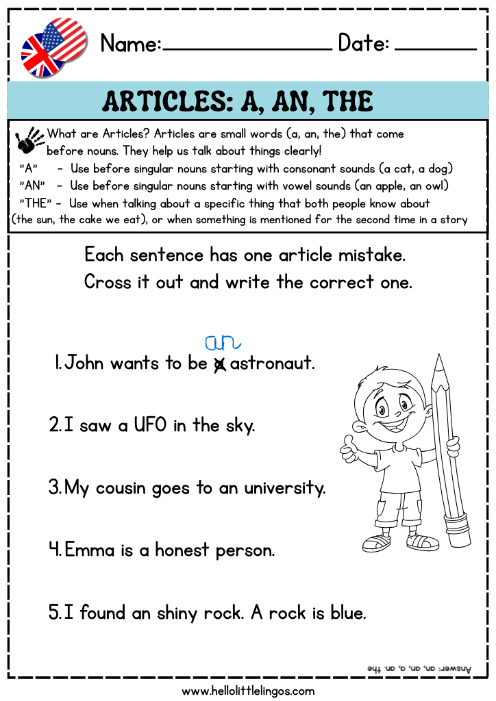 english articles worksheets for kids, free pdf