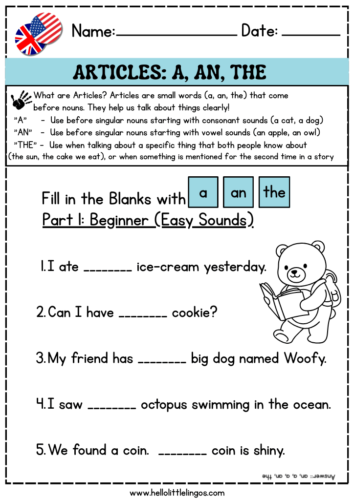 easy grammar exercises for kids with answers, articles a, an, the, free pdf